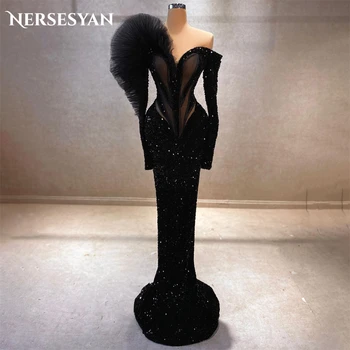 Nersesyan Prabangios juodos blizgučių vakarinės suknelės Undinėlė nuo pečių ilgomis rankovėmis Prom suknelė Blizgučiai Vestuviniai chalatai 2024