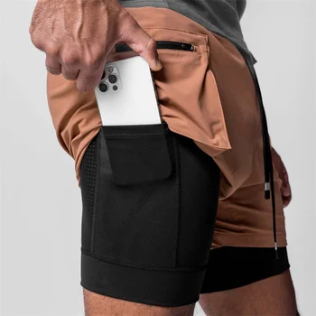 New fashion fitness design anti-slip double-layer 2 in 1 vyriški šortai kelių kišenių bėgimo mankštos kelnės su užtrauktuku