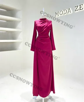 Paprasta Visiškai nauja Satin High Neck ilgomis rankovėmis Prom suknelė Oficiali proga Suknelės Arabiškas Dubajus Kaftan