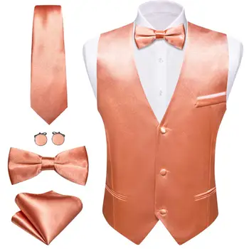 Prabangi liemenė vyrams Šilko koralų rožinė vientisa vestuvinė liemenė Kaklaraištis Peteliškės komplektas Švarkas be rankovių Laisvalaikio formalus kostiumas Barry Wang