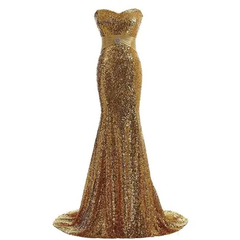 Prabangi undinėlė Elegantiška auksinė blizgučių vakarinė suknelė Seksuali mielaširdinga 