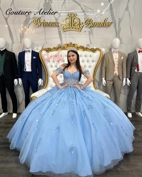 Princess Lace-up Quinceanera suknelė 2024 Blue Ball Off The Shoulder 15 Suknelė Quinceanera Nėrinių aplikacija Charro Meksikietiška suknelė