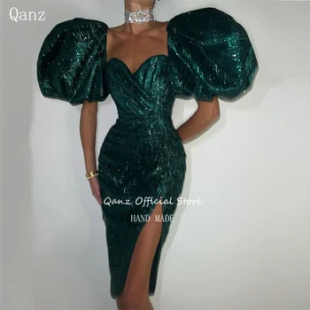 Qanz Glitter Green Prom suknelė Moterys trumpomis rankovėmis Plyšys Spindinčios suknelės vakarėlis Elegantiška prabangi įžymybė Vestidos De Noche