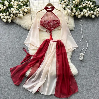 Raudona kinų tradicinis perspektyvinis apatinis trikotažas Cosplay minkštas moteriškas chalatas Chemise Chiffon miego drabužiai Seksualūs naktiniai marškiniai Hanfu fėjos suknelė