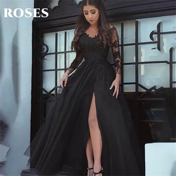 ROSES Black Net A Line Chic Woman Evening Dress Gown Full Sleeves Ball Gown Appliques Lace Night Dresses Gown Chalatai de soirée