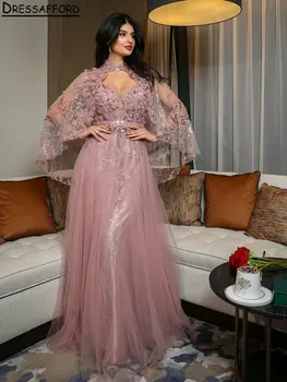 Rožinės blizgančios aplikacijos Nėrinių karoliukai Dubajaus A linijos vakarinės suknelės su švarku be rankovių Oficiali vakarėlio apranga