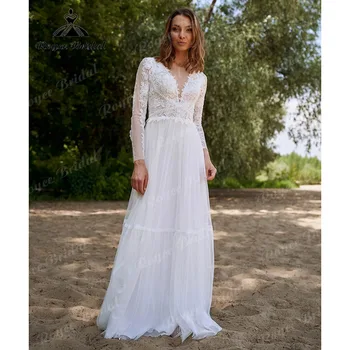 Rustic V Neck Nėriniai ilgomis rankovėmis Outddor Garden vestuvinė suknelė nuotakai 2024 Backless Wedding Party Gown vestidos elegantes para m