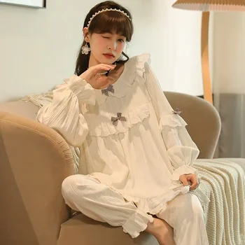 Saldus Kroea stiliaus moteriškų pižamų rinkinys Pirnt ilgomis rankovėmis Ladies Pavasario rudens miego drabužiai 2 vnt su kelnių pižamos kostiumu moterims