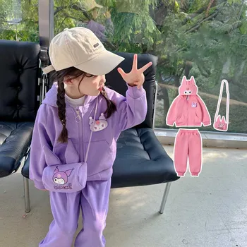 Sanrio mergaičių naujas kuromi medvilninių megztinių rinkinys Rudens ir žiemos vaikų sutirštintas laisvalaikio drabužių komplektas su gobtuvu 2 dalių vaikiškų drabužių komplektas