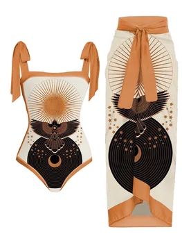 Saulėtekio erelis Atspausdintas vientisas maudymosi kostiumėlis Moteriški maudymosi kostiumėliai 2023 Oranžinis kaklaraištis Bikini ir sijonas Vasaros laisvalaikio atostogų paplūdimio apranga