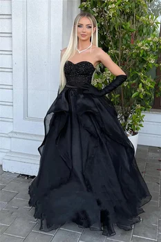 Sexy A Line Black Evening Dresses 2024 Shiny Beading Pageant Dress Party For Girls Formal Sweep Train Prom فساتين سهره سعوديه
