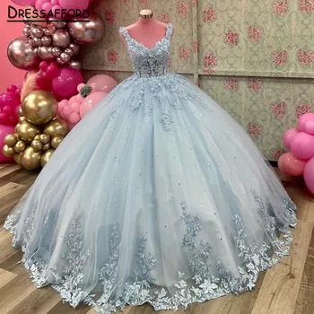 Sky Blue Quinceanera suknelės 2023 Jaunoji Girs Prom suknelė Blizganti Pelenė Gimtadienis Princesė Vestidos De Sweet 15 Años