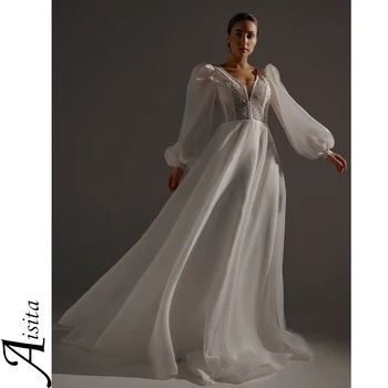 Sparkle A-line vestuvinė suknelė Blizgučiai Tiulis Giliai V kaklas Moteriškos suknelės Pūstomis rankovėmis Elegantiškos ir gražios moteriškos suknelės Vestido