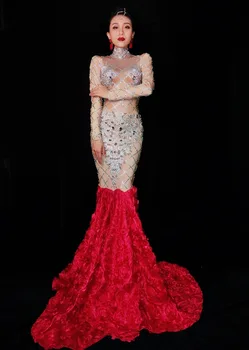 Sparkly Crystals Mesh Long Dress Moterų vakarinis vakarėlis Dėvėti prabangią suknelę Prom Gimtadienis Švęsti Moteris Dainininkė Suknelės DJ DS