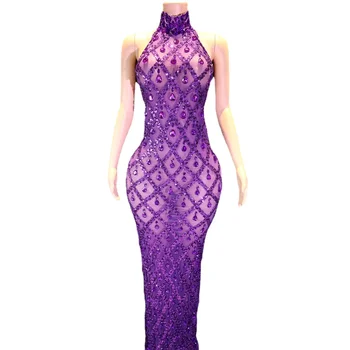 Sparkly Purple Crystals Blizgučiai Berankovės ilgos suknelės Moterys Vakarinė Prom gimtadienio suknelė Seksuali skaidri fotografija Rodyti drabužius