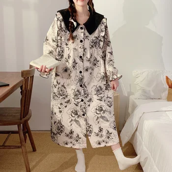 Spausdinti medvilnės paminkštinta motinystės slauga Ilga naktinė suknelė Miego drabužiai Drabužiai nėščioms moterims Žiemos nėštumo ligoninė Namų apranga