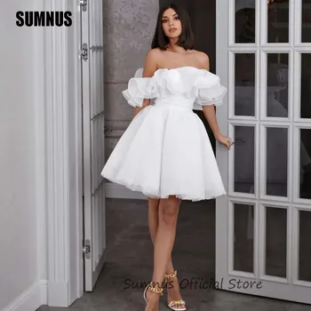 SUMNUS Baltos šifono A-linijos vestuvinės suknelės nuo pečių Trumpa vakarinė vakarinė suknelė Raukiniai Nuotakos Prom chalatai Vestidos De Fiesta