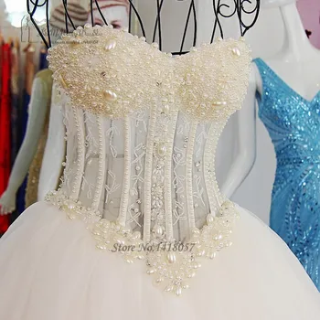 Tikros prabangios vestuvinės suknelės 2017 Vestido de Noivas Princesa Perlai Vestuviniai chalatai Kamuolinė suknelė Nuotakos suknelė Tiulio bažnyčia Mieloji