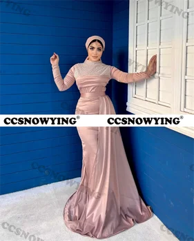 Undinėlės satino blizgučiai Musulmonų vakarinės suknelės ilgomis rankovėmis Islamo oficialaus vakarėlio suknelė Moterys Arabiškas Dubajaus chalatas De Soiree