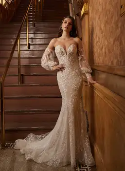 Vestido de novia encaje Mieloji undinėlė Nėriniuota Vestuvinė suknelė 2022 Nuimamos rankovės Aplikacijos Teismo traukinio nuotakos suknelė