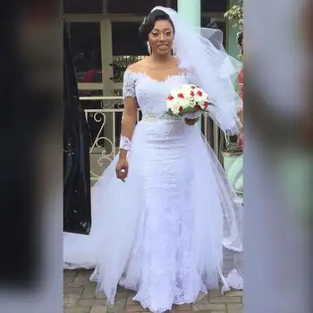 Vestidos De Novia Afrikos rankų darbo vientisas kaklas plius dydis Nuotakos nėriniai Pagal užsakymą pagamintos vestuvinės suknelės nuimamas traukinys