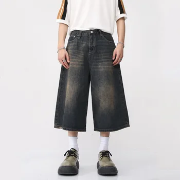 Vintage Baggy Summer Denim Shorts Loose Streetwear Straight Jeans Short for Male Blue