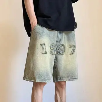 Vintažinis Y2K mados vasaros džinsų šortai Padarykite senus džinsinius šortus Vyrai Vasara Amerikos aukštoji gatvė Laisvos plačių kojų kelnės Tiesios kelnės