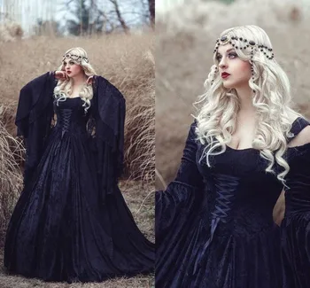 Vintažinės juodos gotikinės vestuvinės suknelės plius dydis nuo peties Gwendolyn princesės fėja Viduramžių aksomas ir nėrinių vestuvinė suknelė