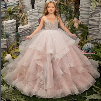 Violetinė nėrinių aplikacija Gėlių mergaitės suknelė Vestuvinis lankas Karoliukais Tiulis Vakarinis vakarėlis Vaikai Princesė Pageant Chalatai Gimtadienio suknelės