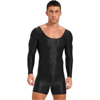 Vyrai Seksualus blizgus smėlinukas ilgomis rankovėmis Leotards Smooth Stretchy Jump-Suit Vientisas maudymosi kostiumėlis Joga Sportinė treniruotė Fitnesas
