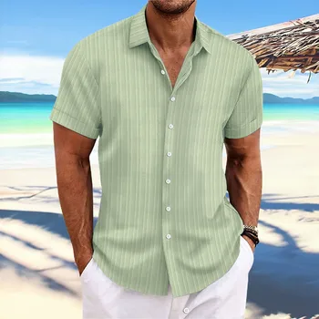 Vyriški oversize medvilniniai lininiai marškiniai Vasariniai trumpomis rankovėmis Vienspalviai apverčiami apykaklės marškiniai Mygtukas Hawaii Beach Casual Basic Marškiniai