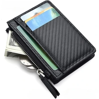 Vyriškos plonos minimalistinės priekinės kišeninės piniginės Užtrauktuku užtrauktuku užsegamas kreditinių kortelių laikiklis Nešiojamos odinės piniginės