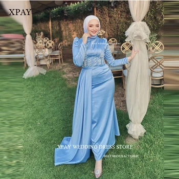 XPAY Elegantiškos musulmonės arabų moterys Vakarinės suknelės Šviesiai mėlynos ilgomis rankovėmis Aukšto kaklo perlai Oficialūs prom chalatai Vestuvinė suknelė