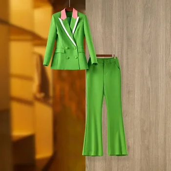 Žalios medvilnės moteriškų kostiumų komplektas 2 vnt Švarkas+Kelnės Švarkas Pavasario biuro ponia Kasdienis darbas Dėvėti paltą Dvivietė Prom suknelė