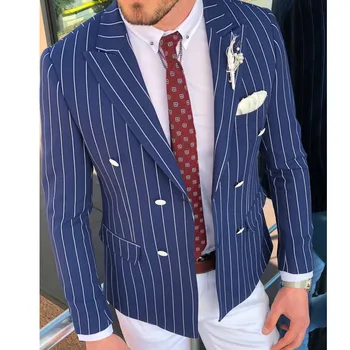 1 gabalas kostiumai vyriškos mėlynos juostelės verslo priežastinis dvivietis su tikrais kišeniniais kostiumais groomen(tik vienas švarkas)