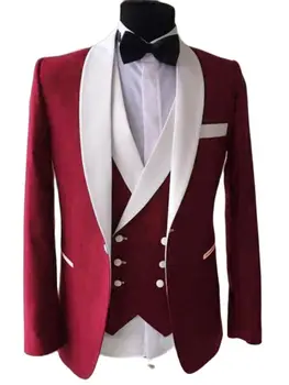 2022 Fashion White Shawl Lapel Red Men Blazer Kelnės Vestuvinė suknelė Vakarienė Vakarėlis Dėvėti dalykinių kostiumų komplektai (Švarkas+Kelnės+Liemenė+Kaklaraištis)