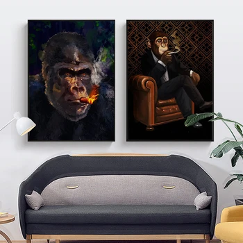 Abstraktus gyvūnų rūkymas Cigaras Beždžionė Spausdinti Drobė Sienų tapyba Menas Šimpanzės plakatai Atspaudai Šiaurės šalių svetainės dekoras Cuadros