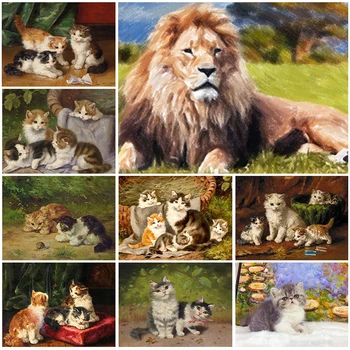 Animal 5D Mosaic Diamond Painting Art Oil Painting Lion Kitten Flowers Full Diamond Mosaic DIY Cross Stitch Home Decor