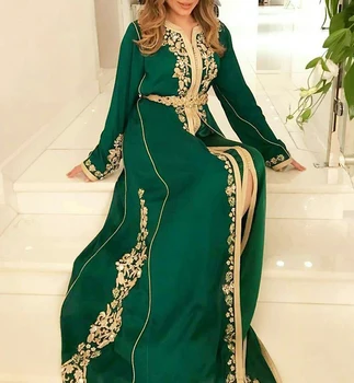 Maroko Kaftano vakarinės suknelės V-Neck Auksinės aplikacijos Nėriniai ilgomis rankovėmis Šifono žalia arabiška Dubajaus musulmonų prom vakarėlio suknelė