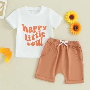 Mažylis Baby Boy Girl Vasaros apranga Happy Little Soul marškinėliai trumpomis rankovėmis Marškinėliai Sulankstyti apvadiniai šortai 2Vnt drabužių komplektas