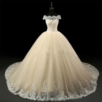 Vintažinė šampano vestuvinė suknelė Nėriniai 2018 m. Princesės valties kaklo rutulinė suknelė Nuotakos suknelės Ilgos traukinio vestuvinės suknelės Vestidos de Noiva