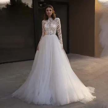 Šiuolaikinės aukšto kaklo pilnos rankovės Specail nėrinių aplikacijos vestuvinės suknelės pagal užsakymą pagamintos 2024 m. Vestido De Noival